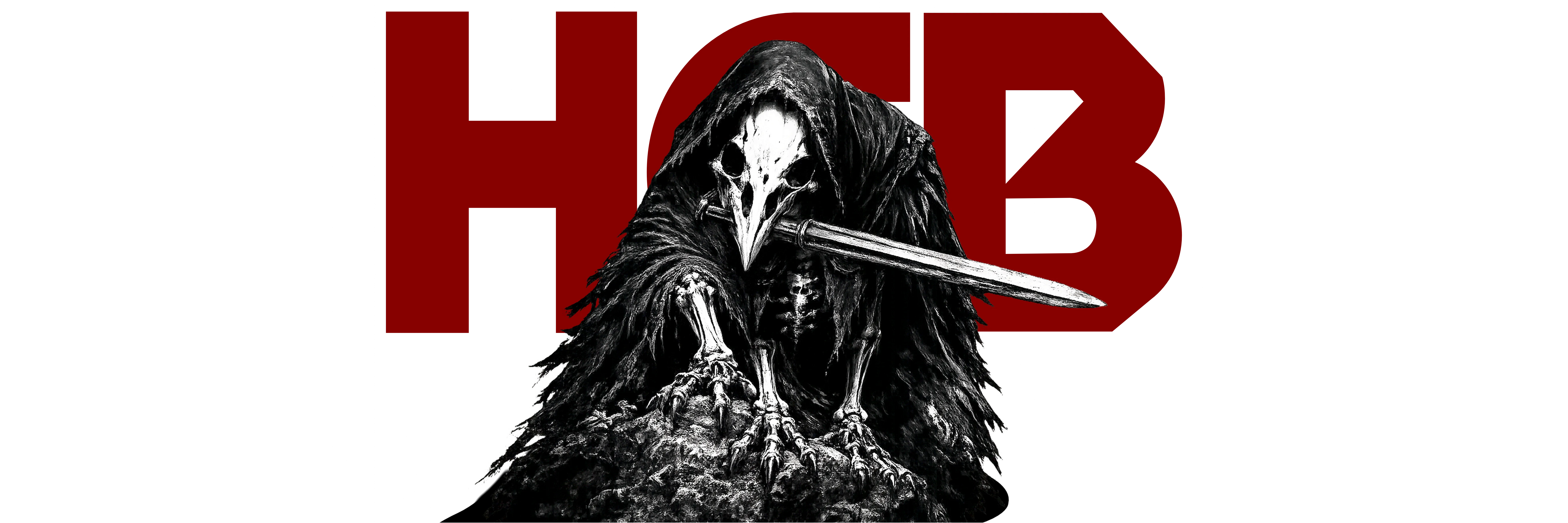 赤いHCBの文字を背に、剣を携えて佇む黒衣のカラス